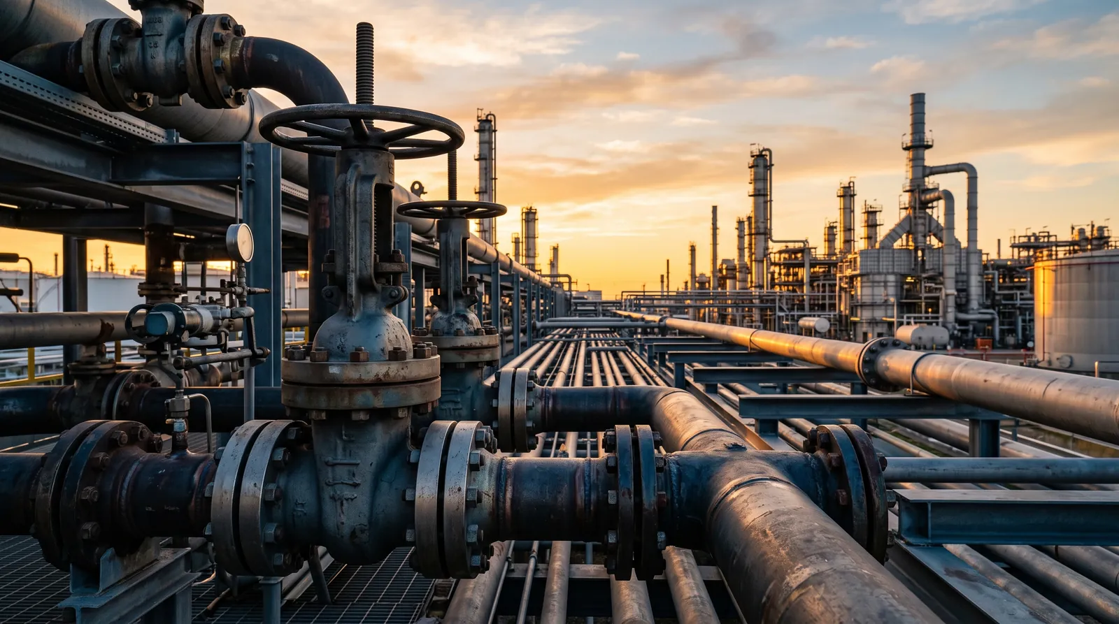 Refinery pipework at golden hour
